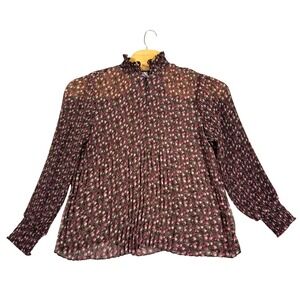 Cabi Womens M Floral‎ Print Pleated Long Sleeve Mock Neck Blouse Top Flowy